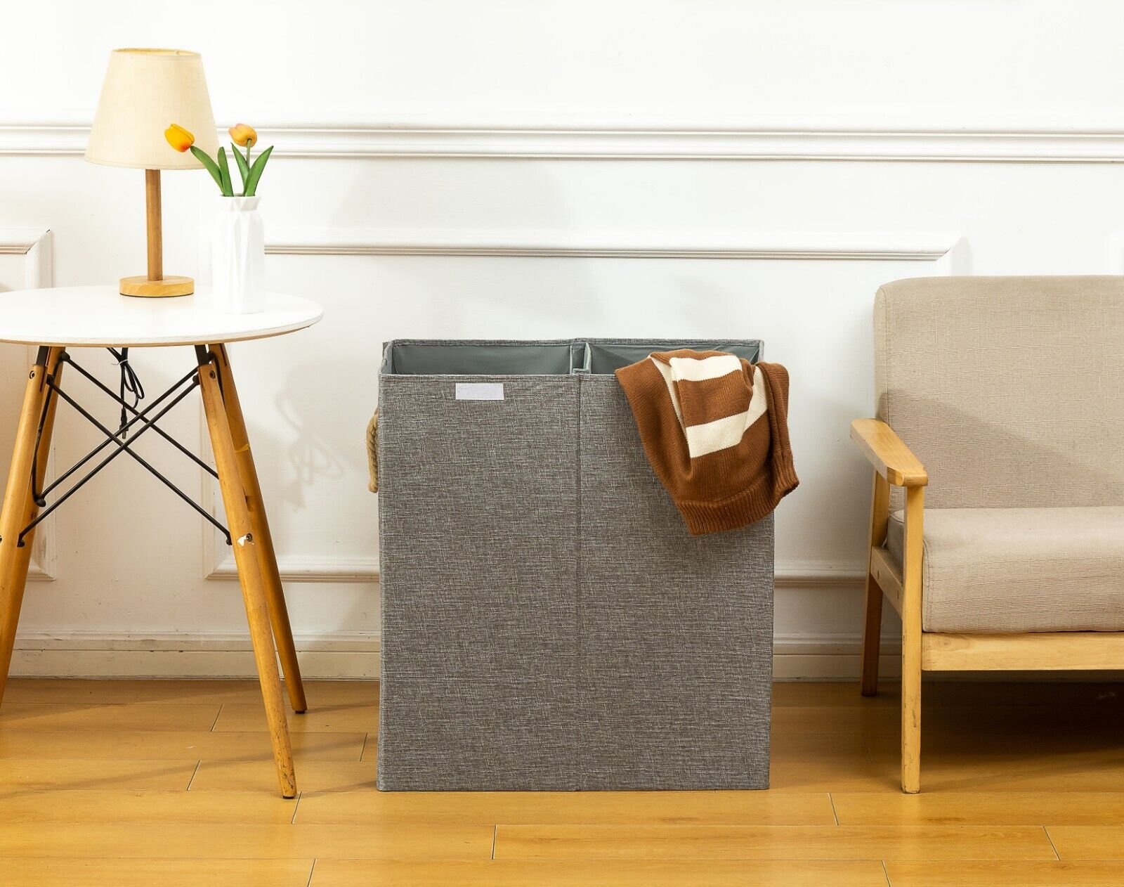 s-l1600-1.jpg Square 2 Compartment Laundry Basket- Grey - Image 1